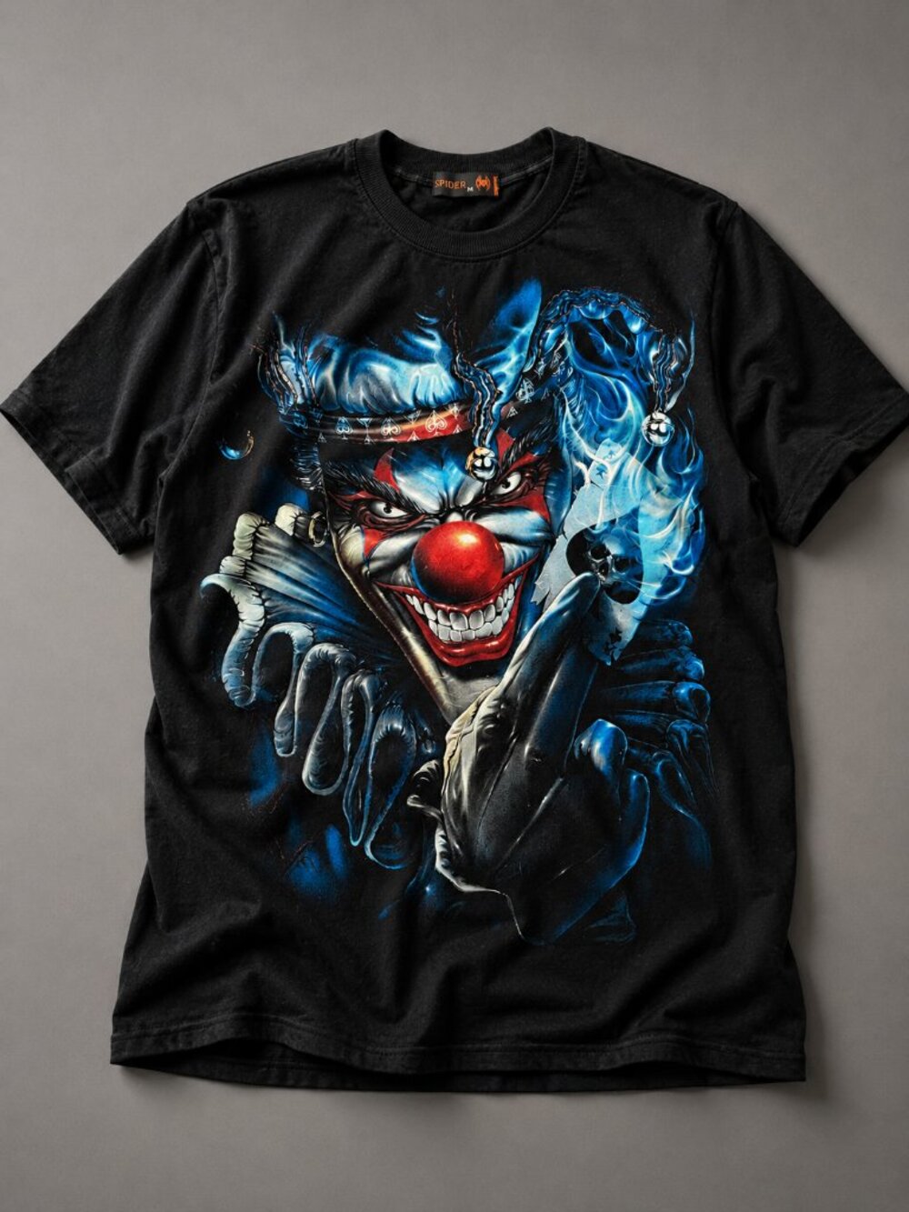 Spider Black Graphic Clown Blue Flame Cotton T-Shirt Size Medium Horror Goth